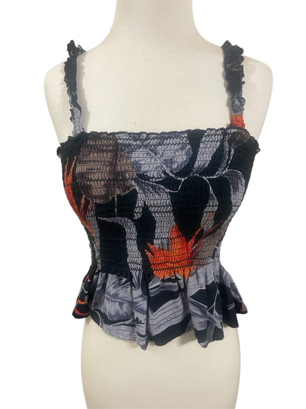 Patrons of Peace Black, Gray & Orange Tropical Floral Smocked Peplum Top